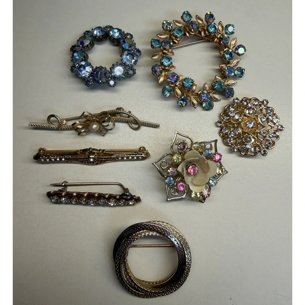 Vintage Brooch Pin Lot 8pc Rhinestone Floral AB Crystal Gold Silver Tone Estate